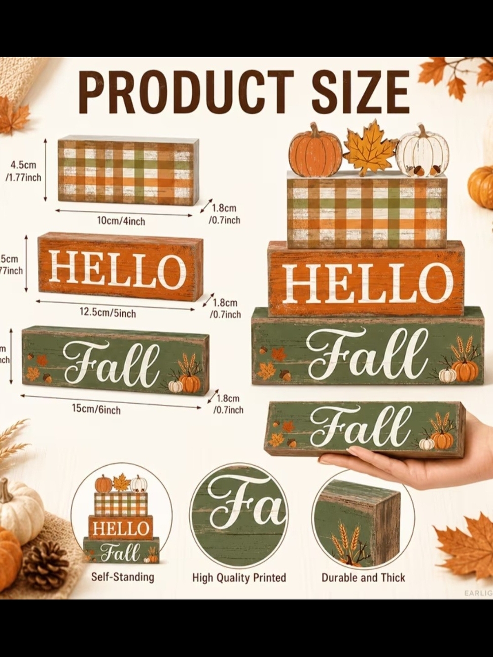 Hello Fall Wooden Block Decor - Orange & Green - Picture 4 of 4